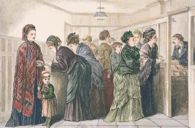 Femmes au bureau de journal plaçant des annonces pour du travail, New York, 1874